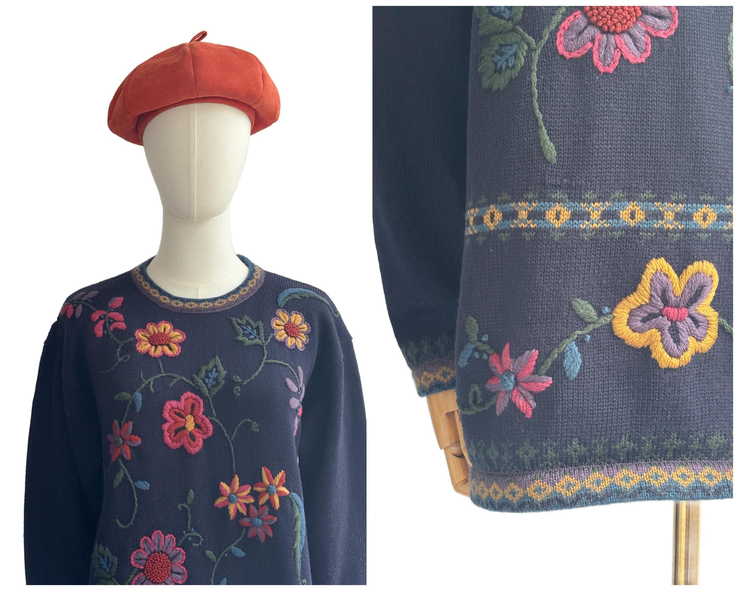 Vintage 1993 St Michael Navy Blue Wool Blend Pullover Jumper Sweater with Floral Embroidery 1990s |