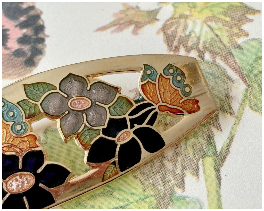 Vintage Cloisonné Flower and Butterfly Bar Brooch Gold Toned