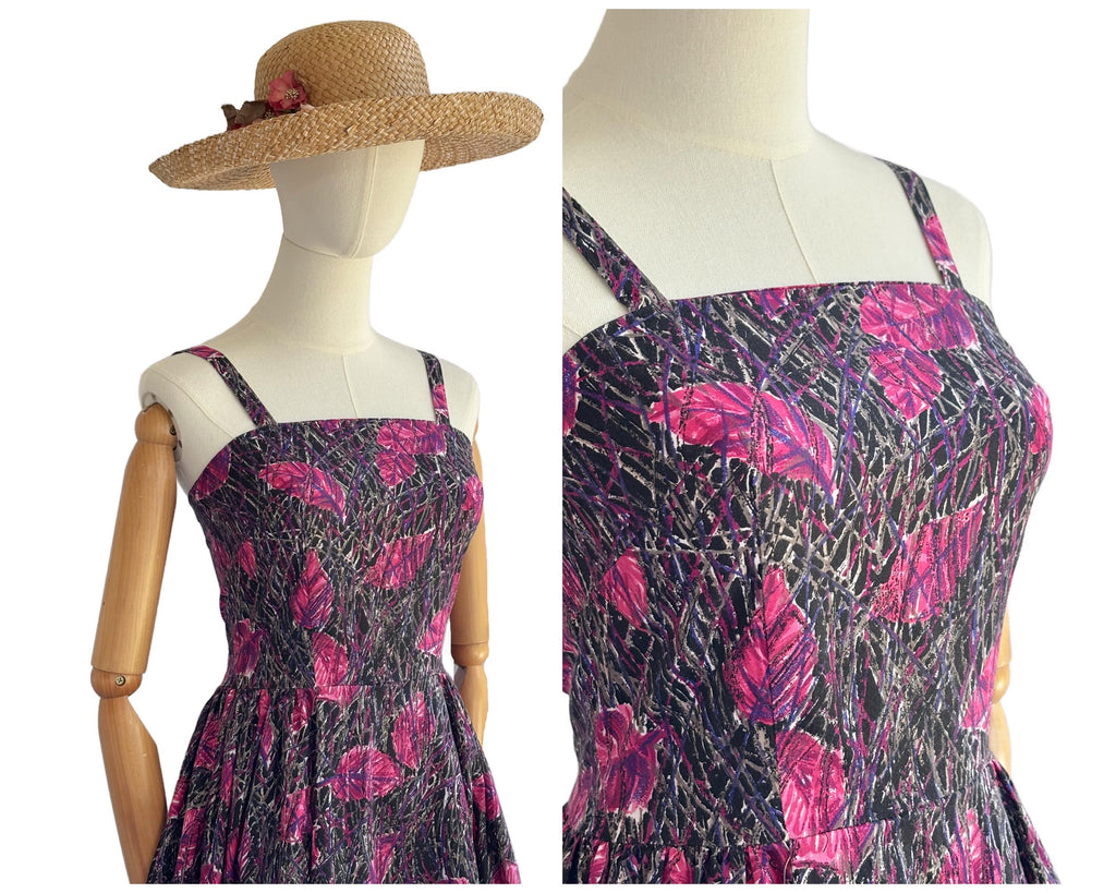 Vintage 1950s Cotton Abstract Painterly Leaf Print Strappy Dress with Full Skirt Pink Black Purple |