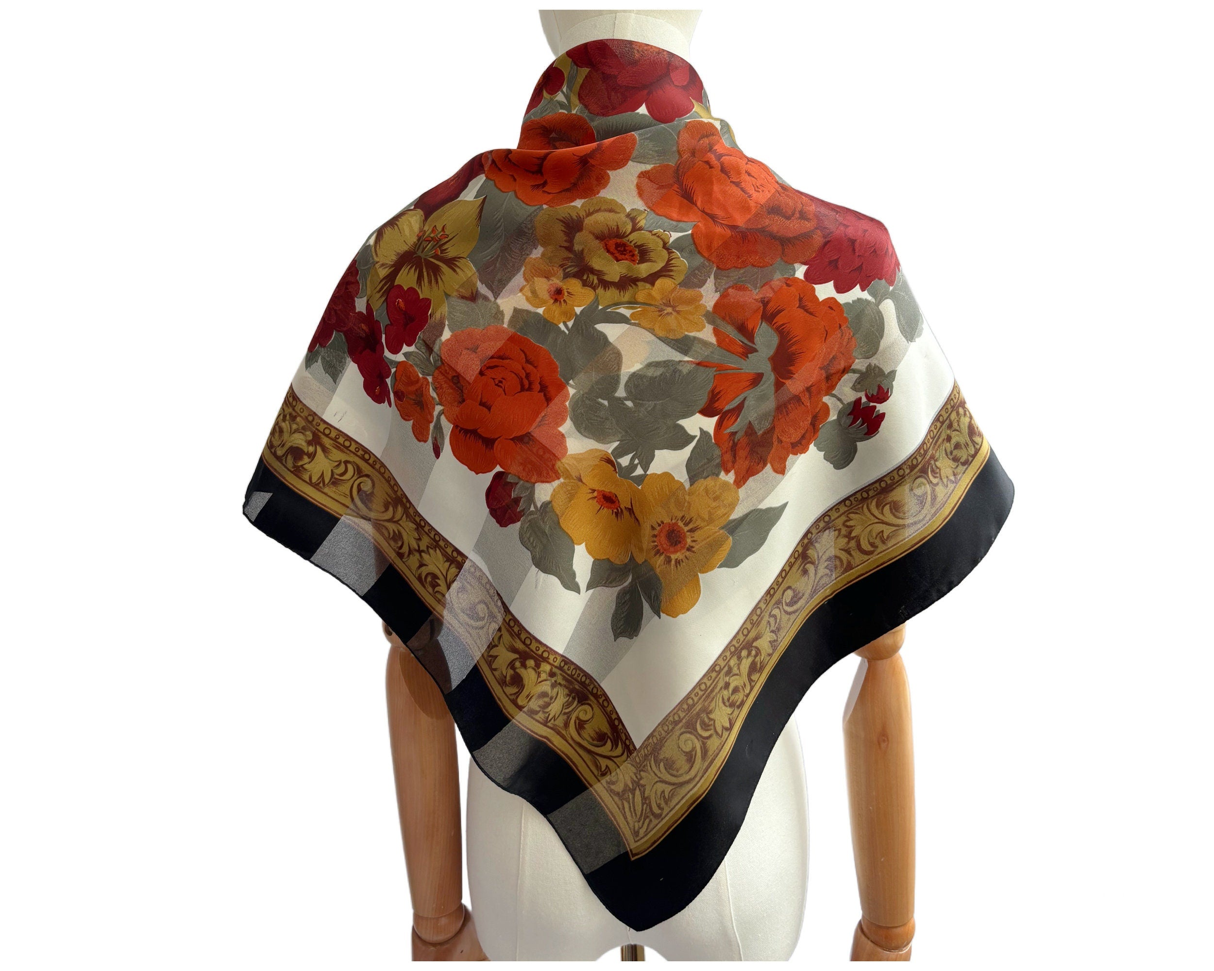 Vintage Square Scarf with Black Border and Orange Yellow and Red Floral Design