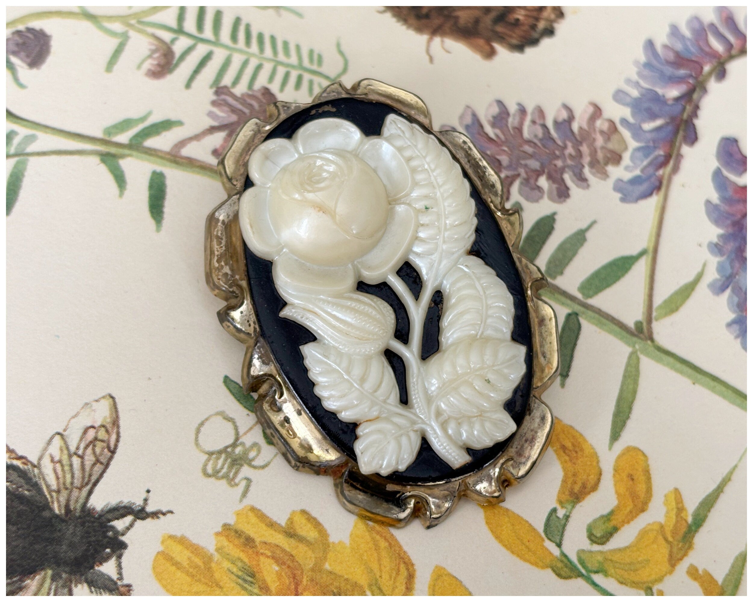 Vintage Early Plastic Moulded Rose Cameo Brooch Black Cream and Gold Celluloid?