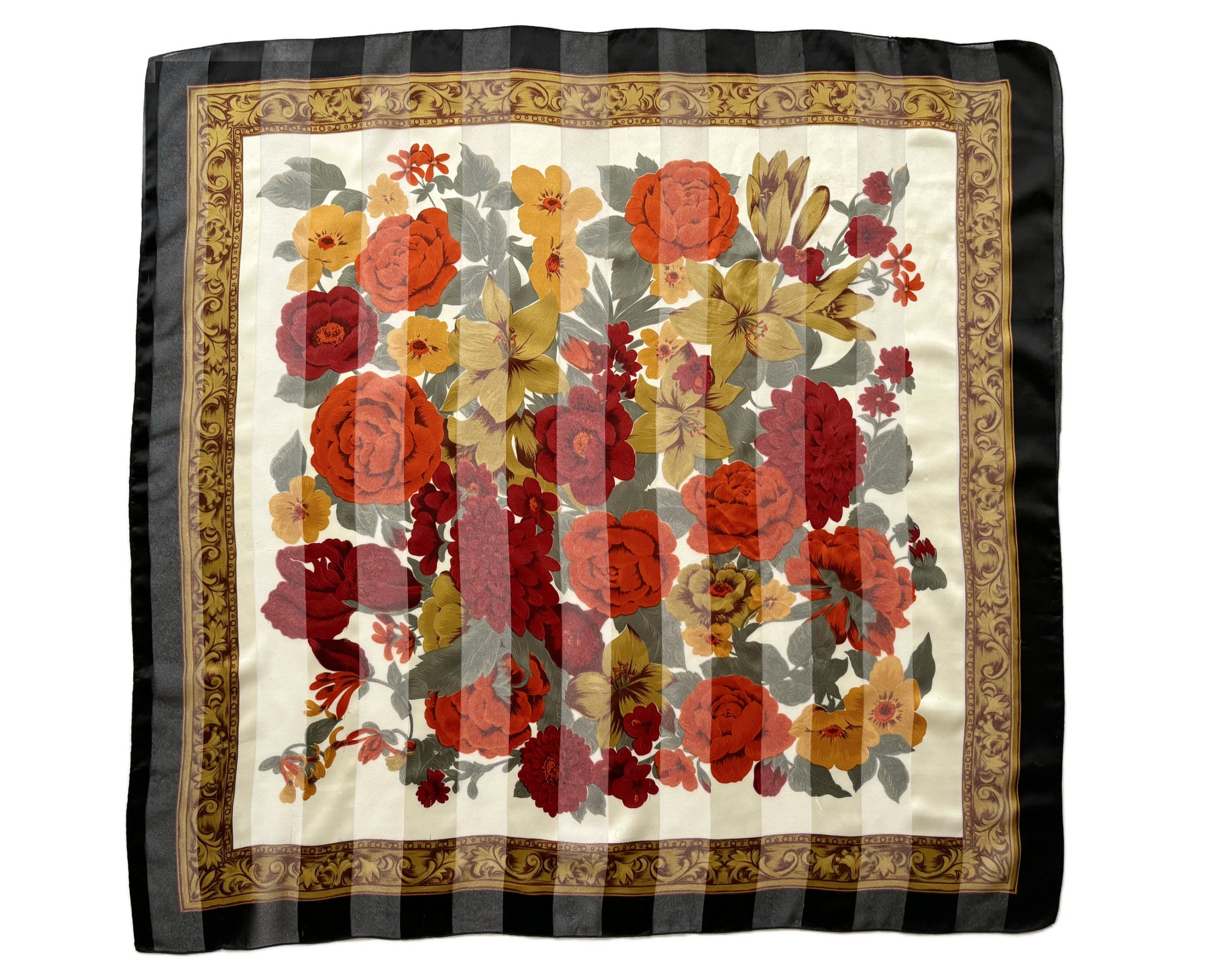 Vintage Square Scarf with Black Border and Orange Yellow and Red Floral Design