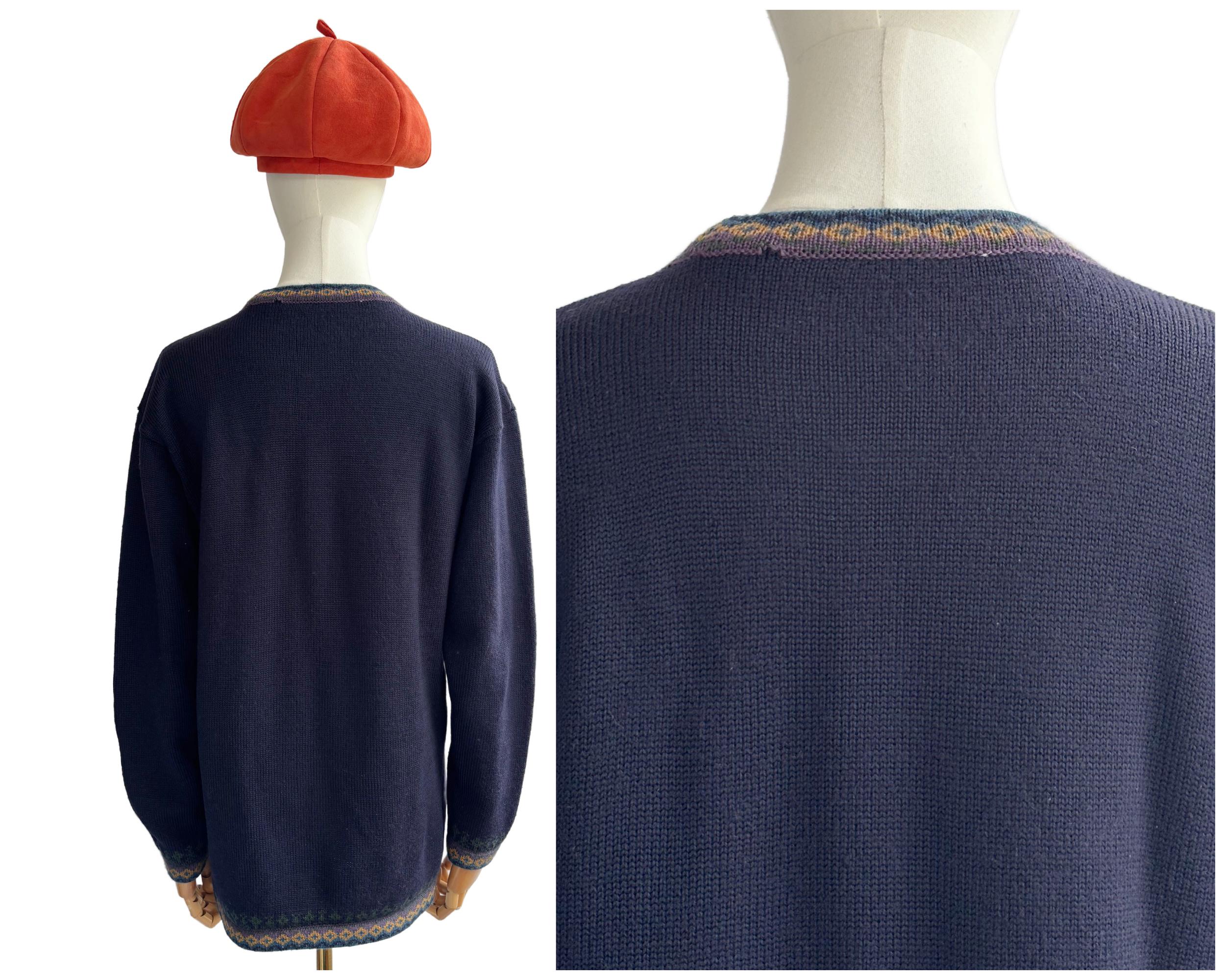 Vintage 1993 St Michael Navy Blue Wool Blend Pullover Jumper Sweater with Floral Embroidery 1990s |