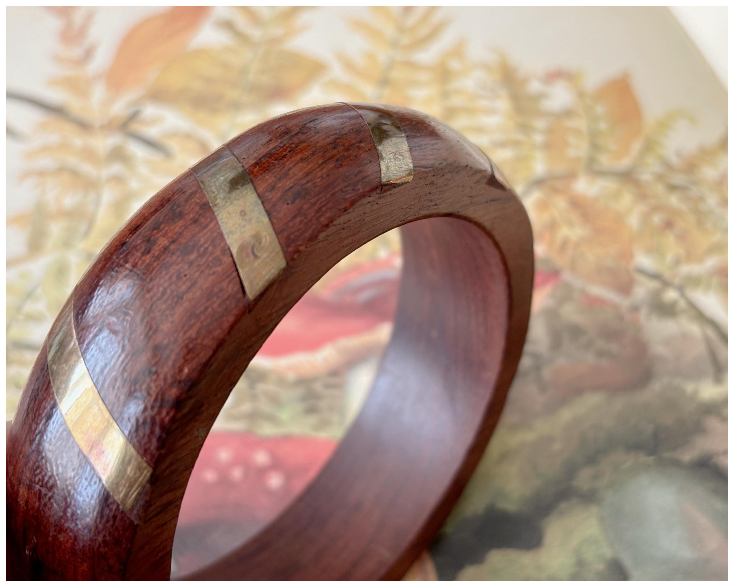 Vintage Chunky Dark Wood Bangle with Brass Stripe Inlay