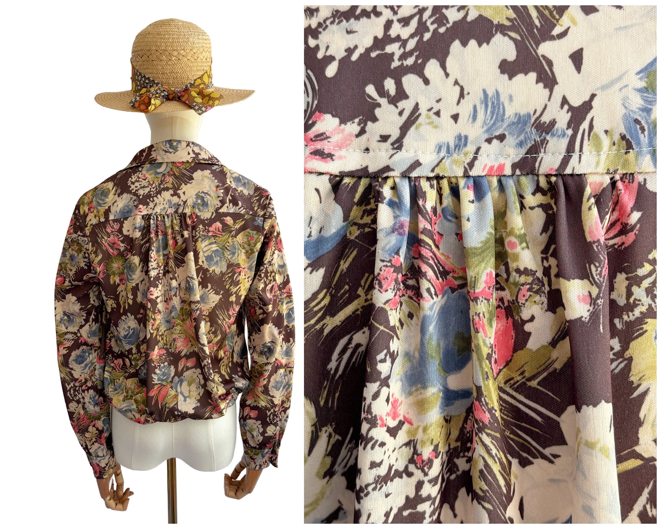 Vintage 1970s Brown Blue and Pink Floral Blouse with Draw String Waist and Pointy Collar | UK Size 1