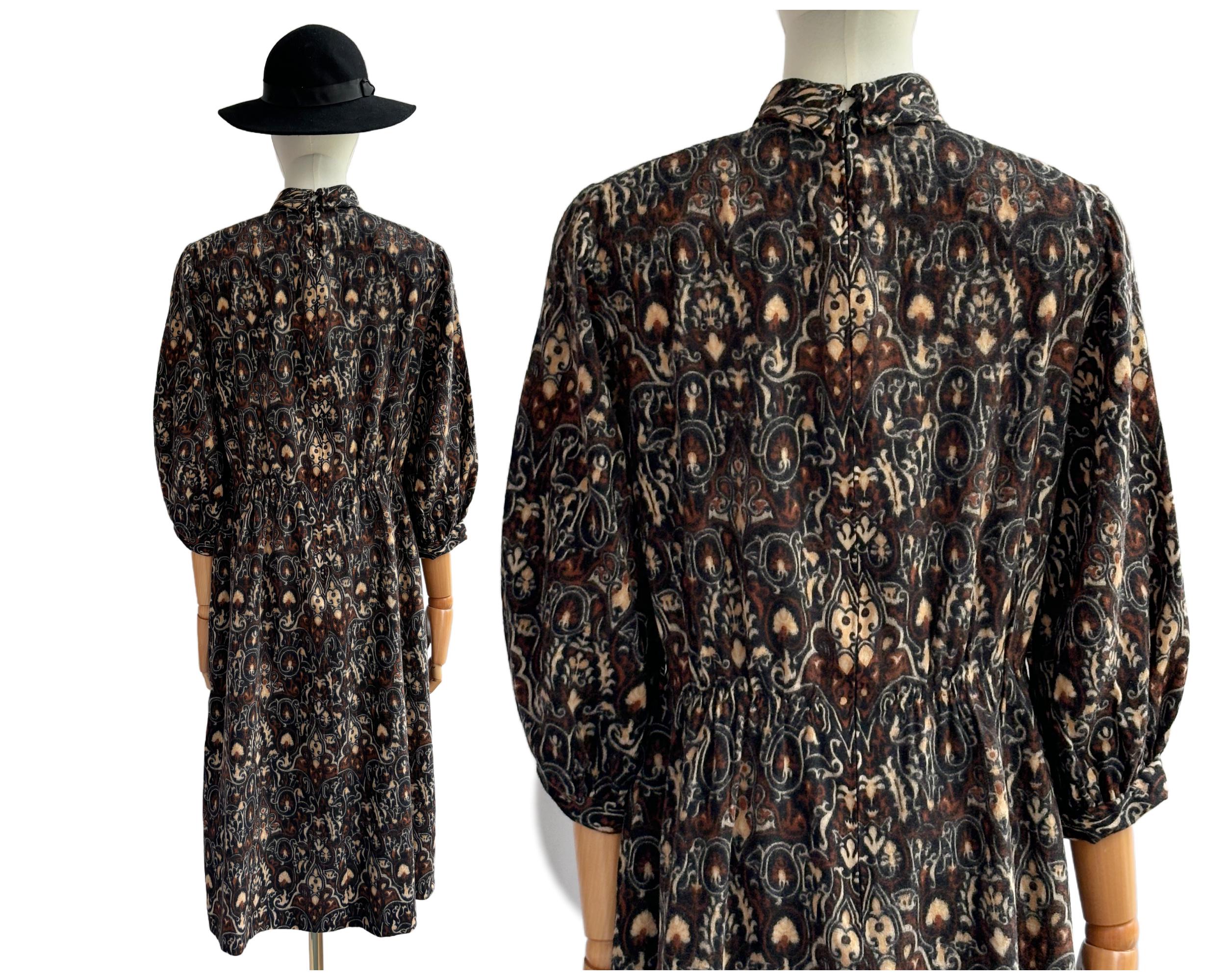 Vintage Wool Blend Autumn Winter Dress Brown Black Beige | UK Size 12-14