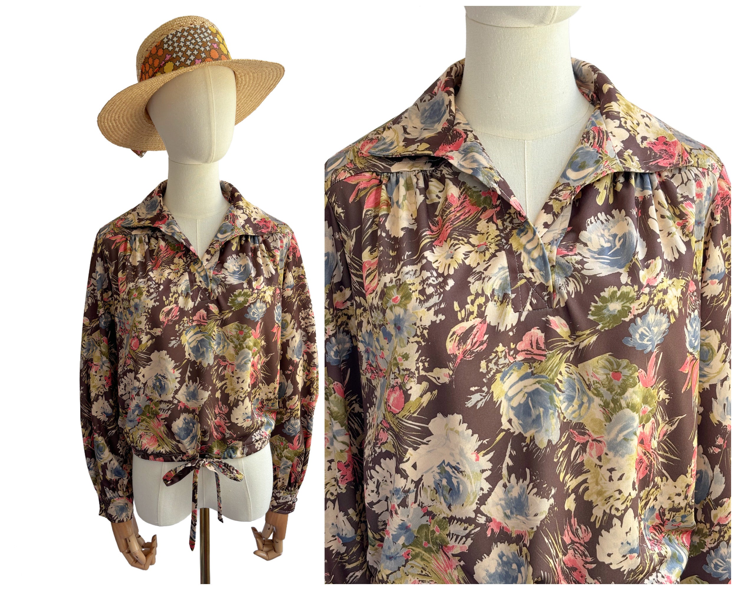Vintage 1970s Brown Blue and Pink Floral Blouse with Draw String Waist and Pointy Collar | UK Size 1