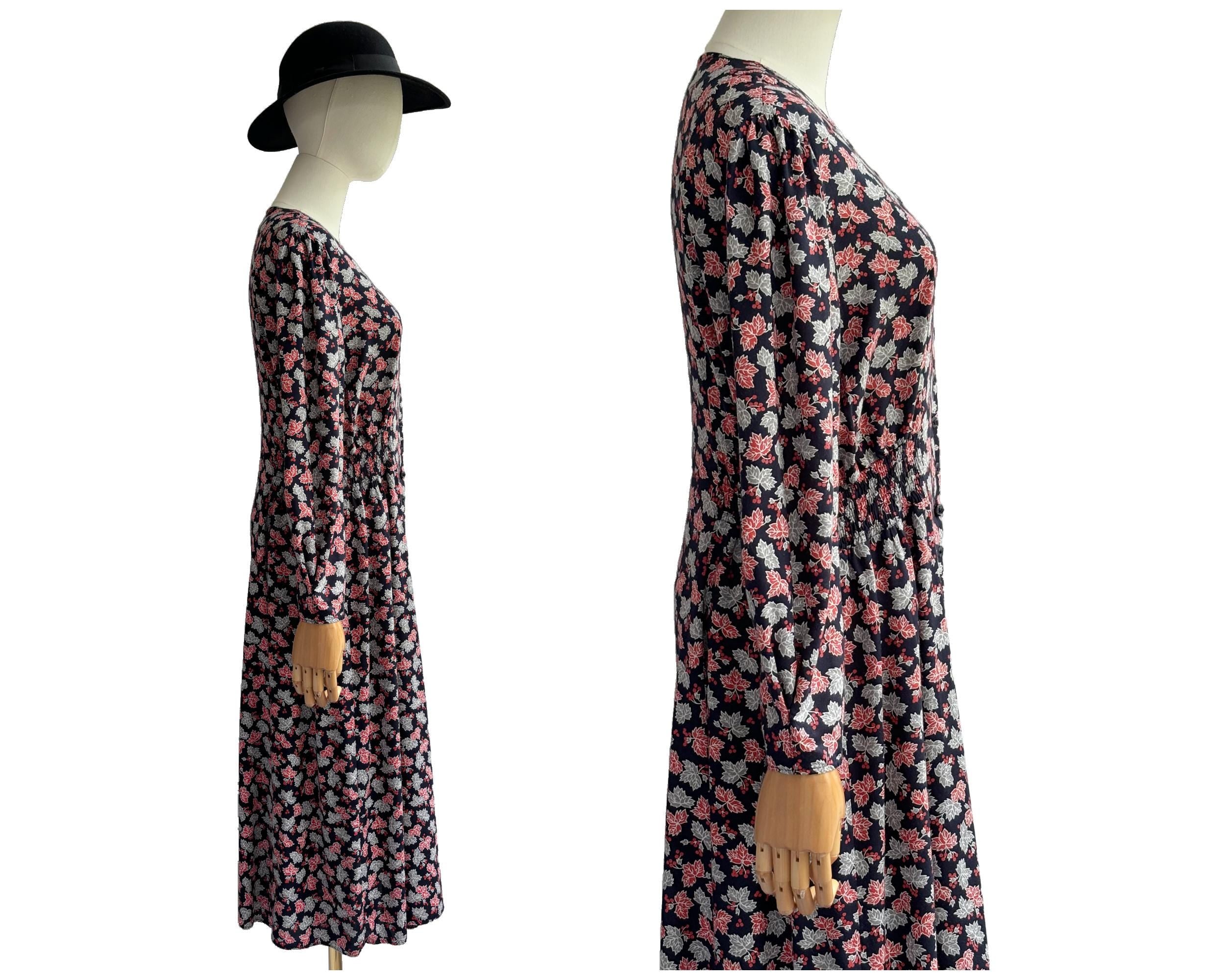 Vintage 90s Viscose Dress with Red and Grey Autumn leaf and Berry Print by BHS | Uk Size 14